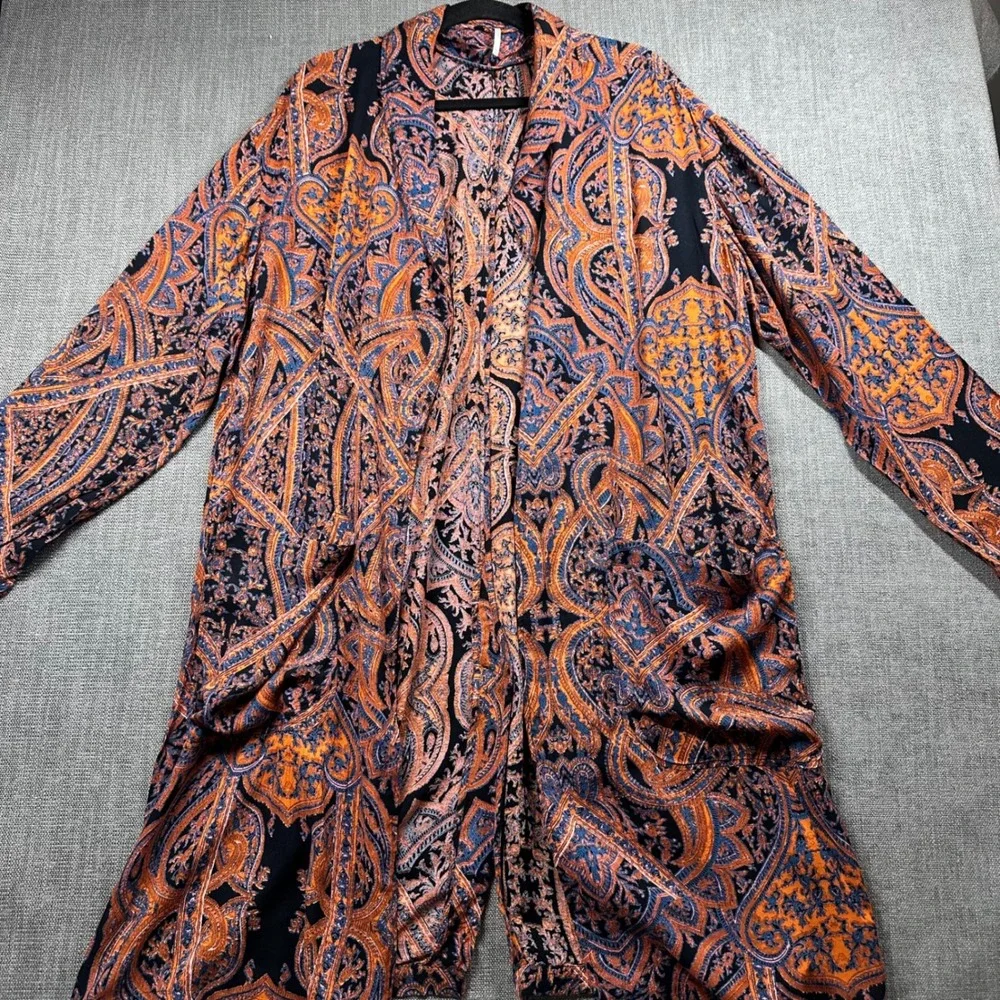 Free People Duster Cardigan Womens Medium Orange Paisley‎ Open Front